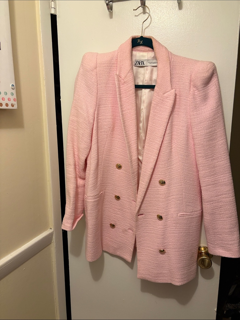 Zara Light Pink Double-Breasted Bouclé Blazer with Gold Buttons